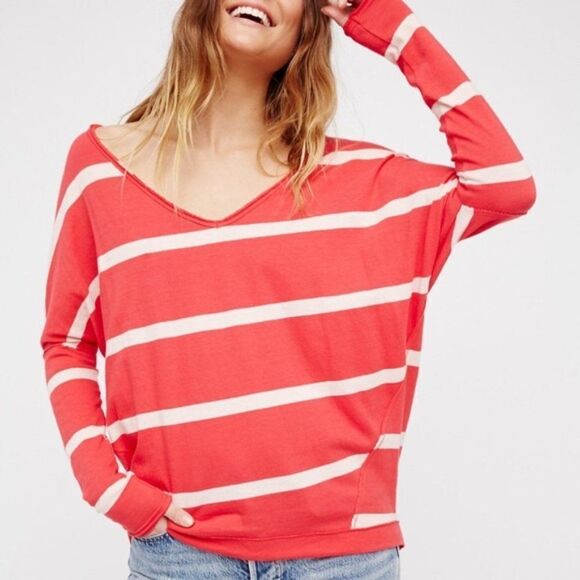 Free People Upstate Stripe Tee size Lg in Red - Picture 2 of 15